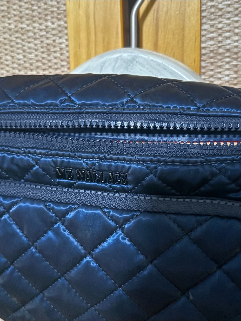 MZ WALLACE Quilted Navy Satin Waist Bag with Luggage Leather Accents - Picture 3 of 3